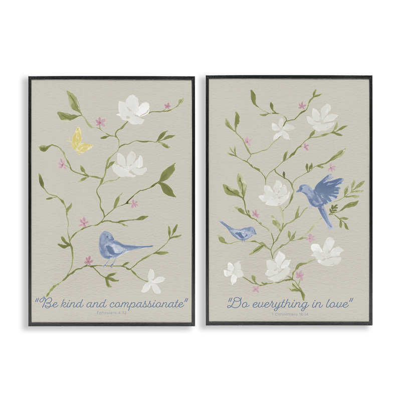 Floral Comforting Proverbs 2pc Framed Giclee Set, design by Lucille Price, 18" H x 12" W, Midnight Black Framed Giclee