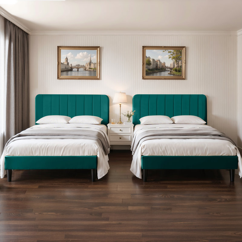 Queen Bed Frame Set Of 2, 2 Pack Upholstered Platform Bed Frame With Adjustable Headboard, Modern Bedroom Bed Set For Apartment, Airbnb, Rental, Guest Room, Home Staging