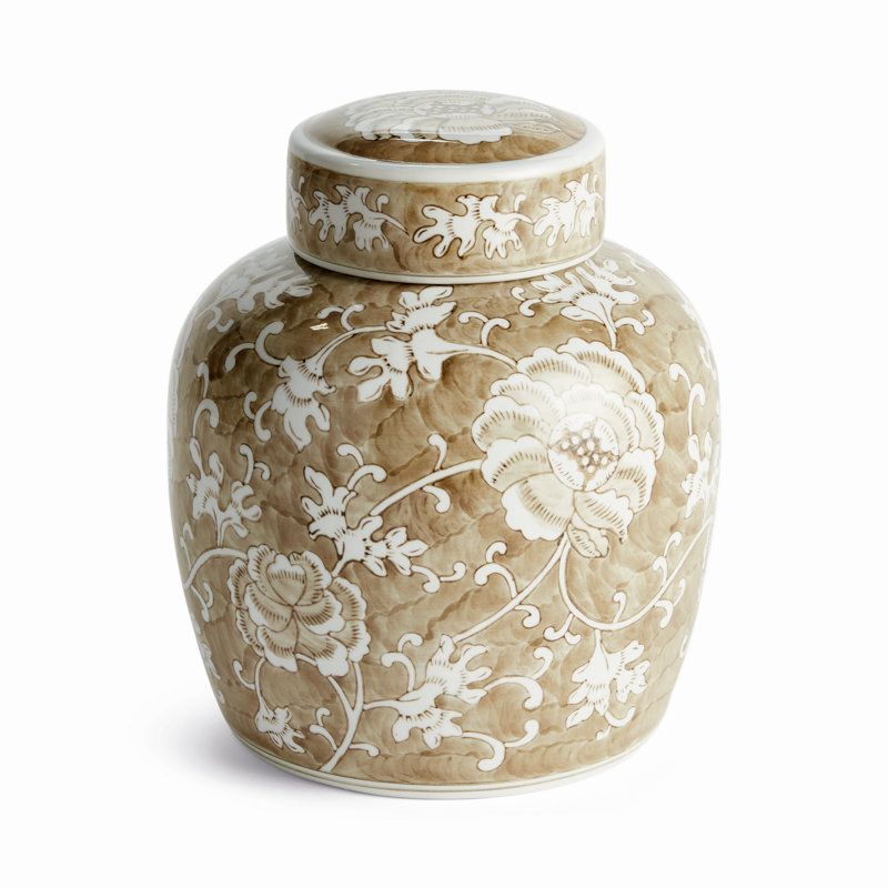 Champagne Chine Ceramic Taupe and White Chinoiserie Lotus Lidded Jar