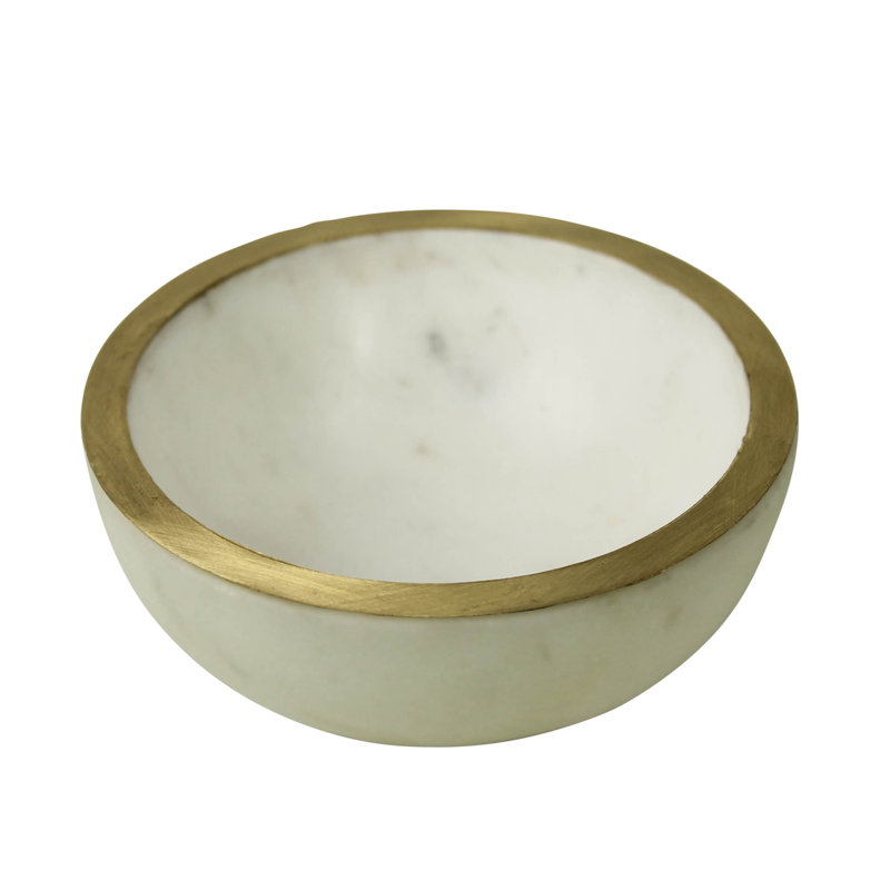 Small Marble Bowl with Brass Edge, 1" H x 2.75" W x 2.75" D