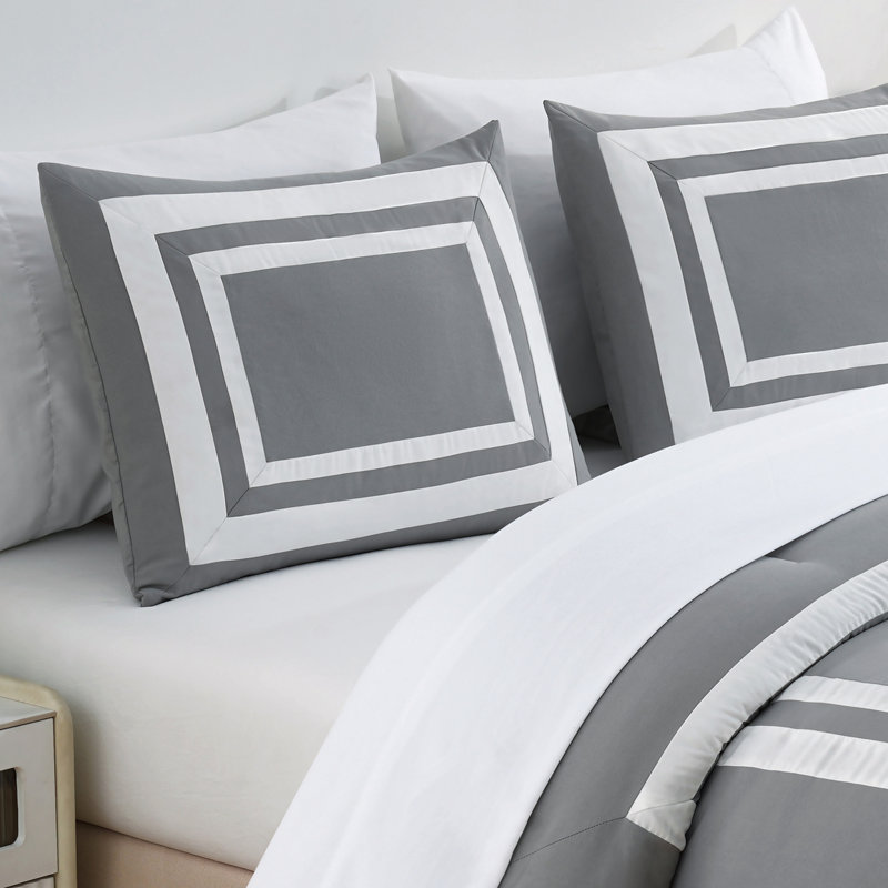 7-Piece Hotel Style Bed in a Bag Comforter Set with Sheets, Queen Comforter + 6 Additional Pieces, Silver/White