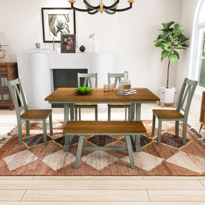 6-Piece Gray Wood Dining Table Set Kitchen Table Set With Long Bench And 4 Dining Chairs, Farmhouse Style With Walnut Wood Top