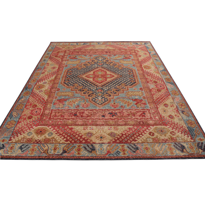 Distressed Homage Hand Knotted Wool Geometric Area Rug in Blue, Red, Gold, Brown, Pink, Rectangle 8' x 10'