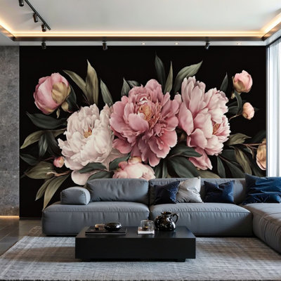 Peel and Stick Wallpaper Wall Mural Black Vintage Dark Contact Floral Peonies Buds Leaves Stems Petals Wall Art Self Adhesive and Removable