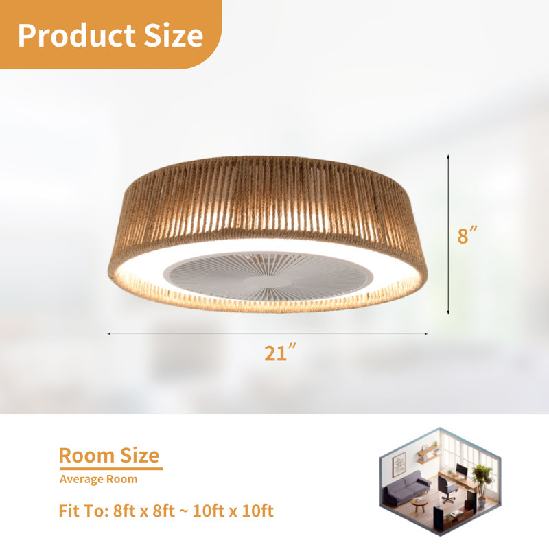 21 in. BohoCircle Woven Cage Oak Flush Mount Ceiling Fan with LED Light, Remote & Reversible Motor