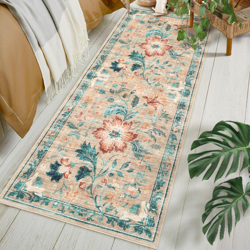 Washable Folding Floral Print Rug Washable Non - Slip Backing for Living Room Bedroom,2 * 6ft, Runner 2' x 6', Brown