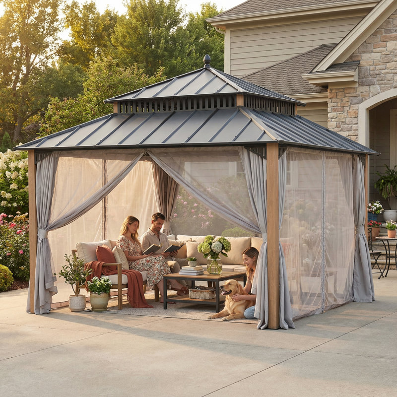 Sunjoy Kingston 12x12 ft. Hardtop Gazebo, Steel Patio Gazebo with Double Roof, Curtains and Netting, Wood Grain