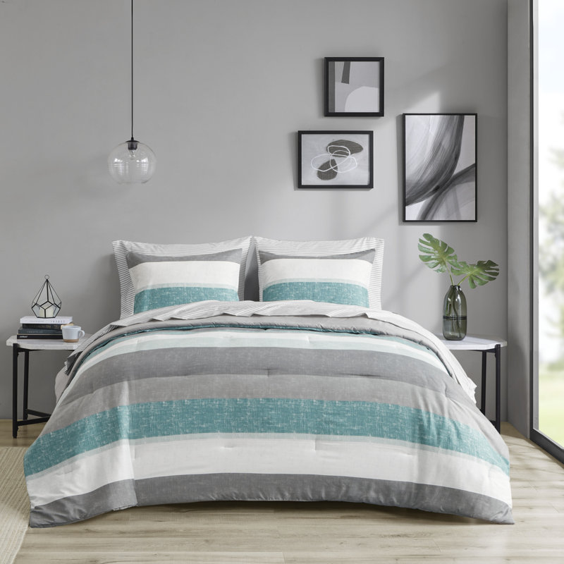 Jaxon Comforter Set with Bed Sheets, Full Comforter + 6 Additional Pieces, Aqua/Gray
