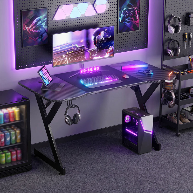Y-Shaped Gaming Desk with Carbon Fiber Surface, Ergonomic Curved Computer Desk with Cup Holder, Headphone Hook and Cable Grommets, Black