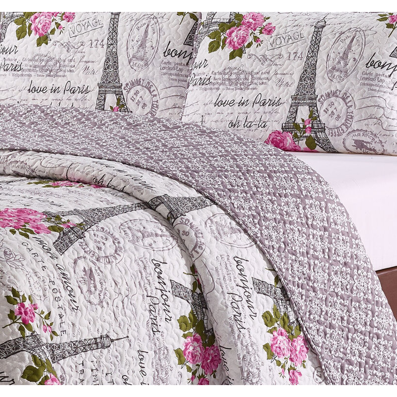 Ensemble de courtepointe réversible en microfibre ivoire / rose Farrah, Courtepointe double / grand et 4 pièces suppléme