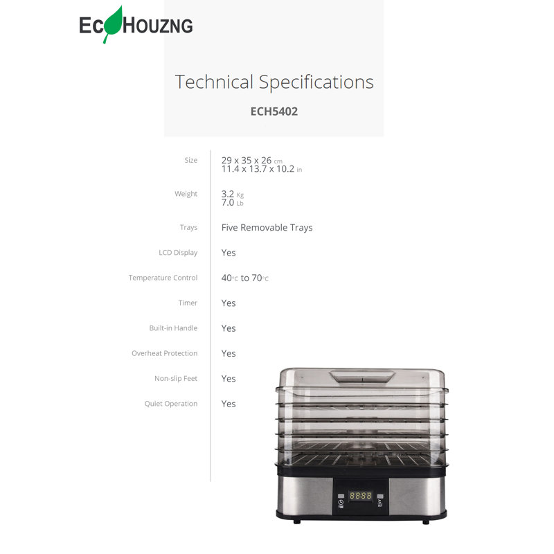 Déshydrateur d'aliments en acier inoxydable à 5 plateaux Ecohouzng
