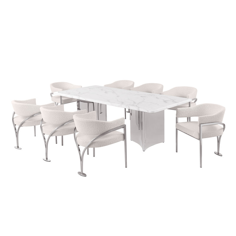 Ensemble de salle à manger en marbre blanc Grand avec chaises d'appoint en tissu Boucle, Crème, Argent argent