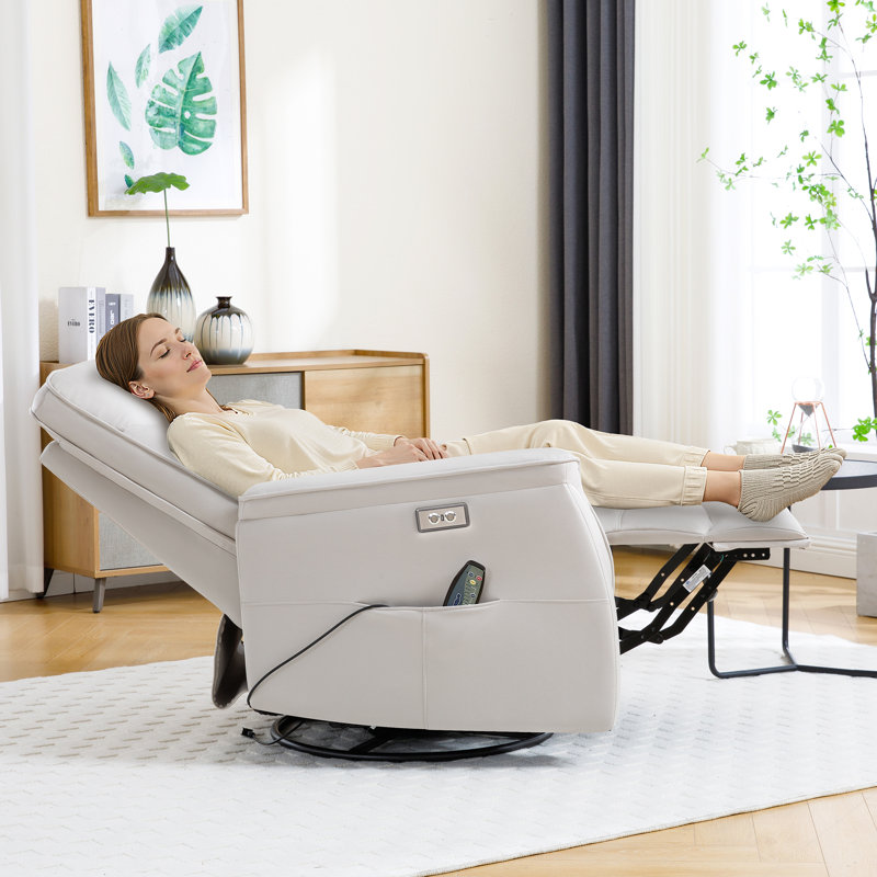  35'' Wide Modern Vegan Leather Electric Power Recliner with Massage & Heat, Beige