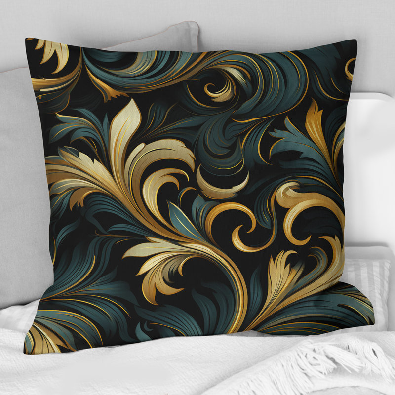 Or et bleu Luxury Damask Symphony IV - Coussin décoratif imprimé damassé, H 18 po x l 18 po