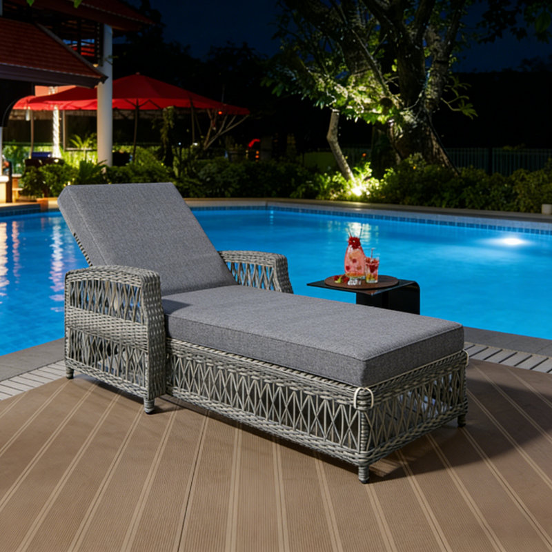 Abdel Outdoor Wicker Chaise Lounge ,Adjustable Recliner with Soft Removable Cushions, Gray, 1 Piece