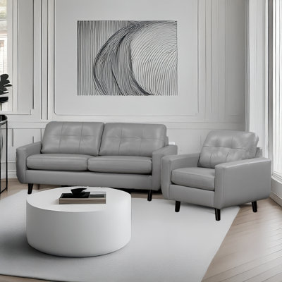 Tiena Leather Sofa & Chair Set, Gray