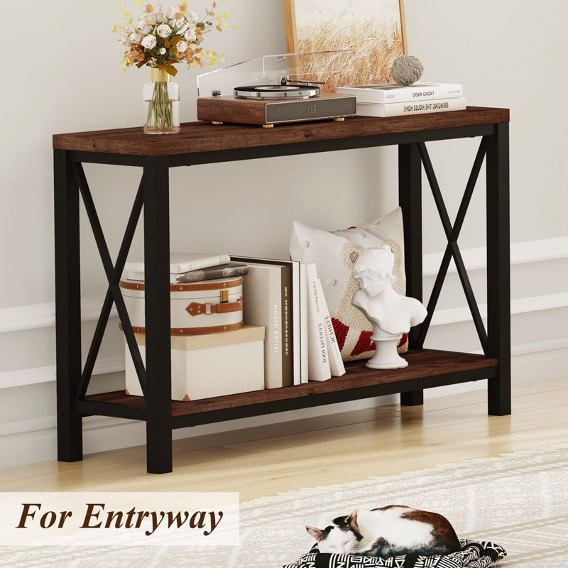 Rustic Oak 47" Industrial Metal and Wood Console Table with Storage