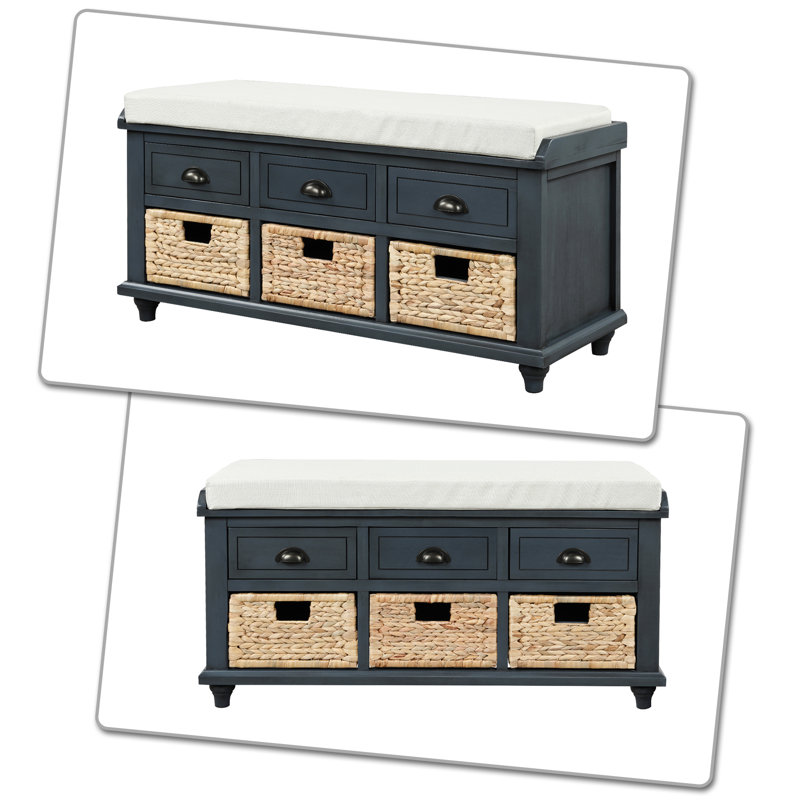 Babloo Vintage style bench with drawers decorated with rattan and upholstered cushions for bedrooms and entryways