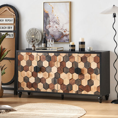 Distressed Storage Cabinet With Honeycomb Pattern, Modern Accent Cabinet With Doors For Entryway Buffet Sideboard Living Room Sideboard