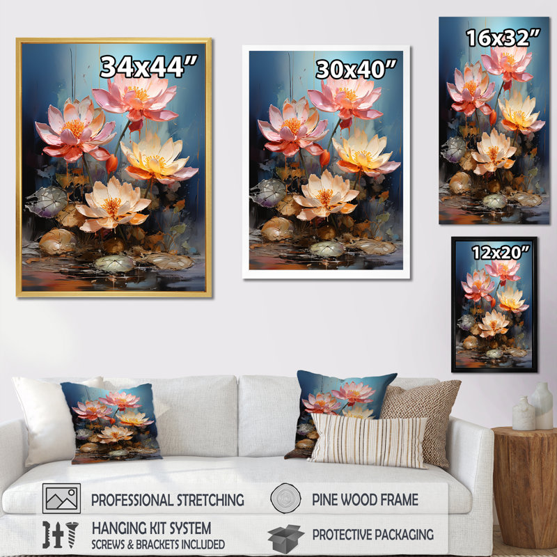 Fleurs de lotus fusionnent avec des graffiti sur toile, Cadre flottant noir, H 32 po x l 24 po x P 1 po