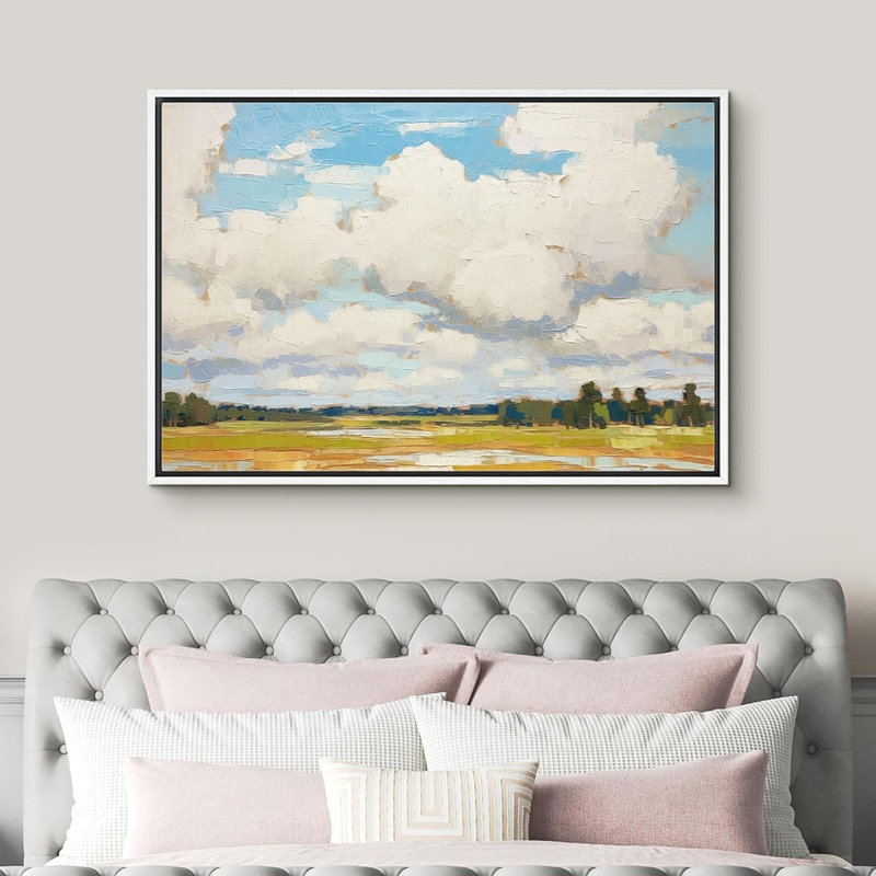 Clouds " Cloudy Sky Green Forest Meadow Floral Botanical Print Modern ", White Floater Frame, 24" H x 36" W x 1.5" D