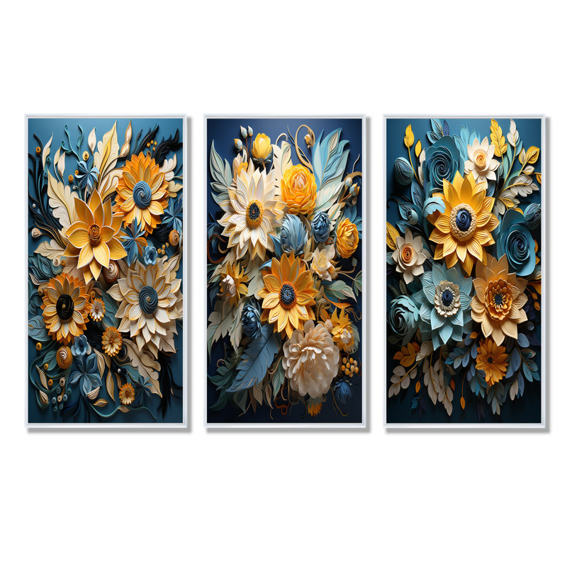 Abstrait bleu et beige tournesols - ensemble de salon art mural tournesols de 3, Cadre flottant blanc, H 28 po x l 36 po