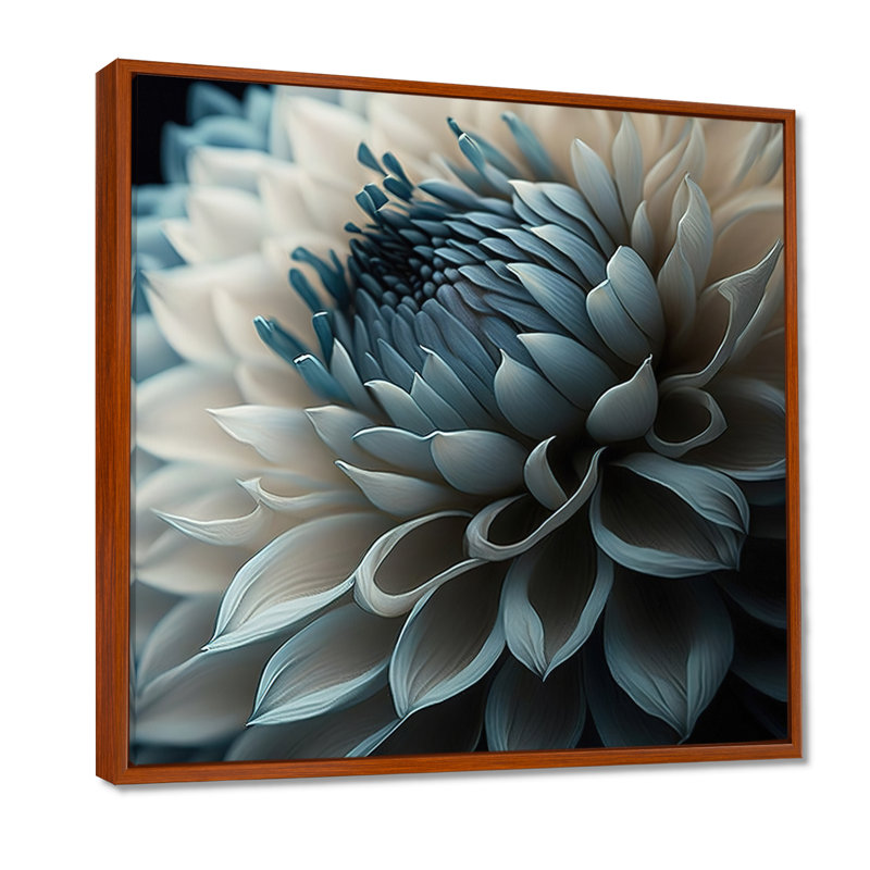 Bleu et blanc fleurs de dahlia II - art mural dahlia, H 16 po x l 16 po, Cadre flottant brun