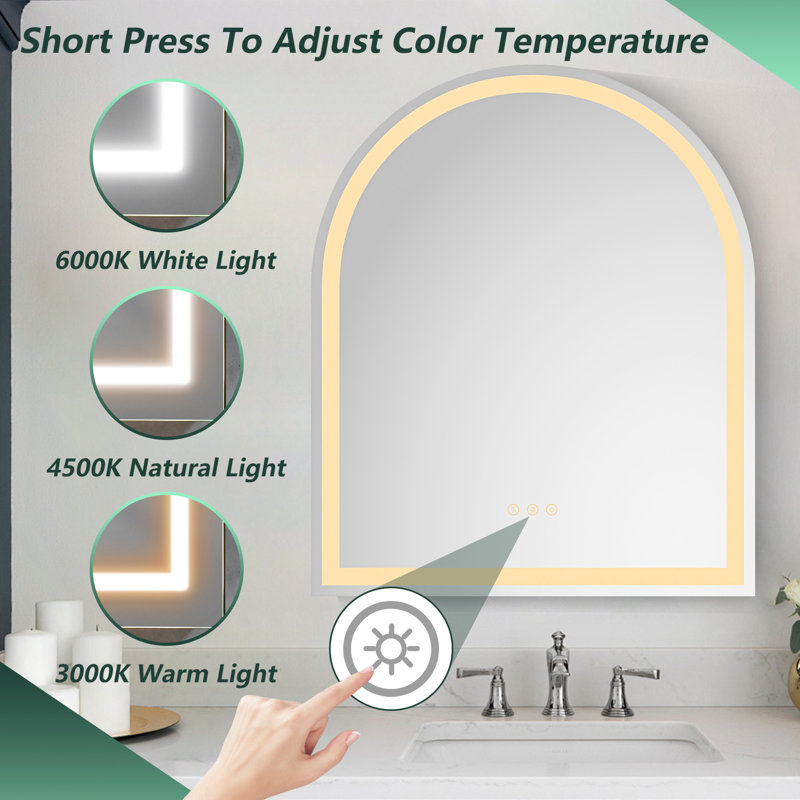 Miroir de salle de bain lumineux à DEL arqué, miroirs muraux, pour salle de bain, 36 po x 30 po
