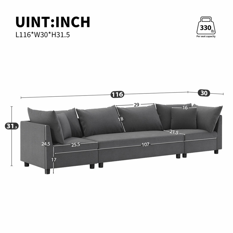 Canapé modulaire moderne en forme de L 92 po avec siège large, Chenille grise 1