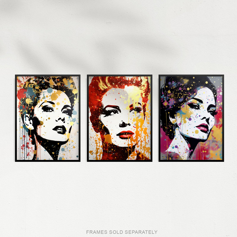 Glam Glitter Aesthetic Women Portraits Gold Red Teal Retro - 3 Piece No Frame Print Set, 29.7cm H x 21cm W x 0.4cm D