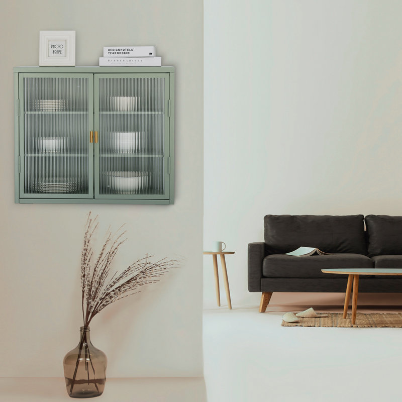 Zaine Double Glass Door Wall Cabinet With Detachable Shelves for Office, Mint Green