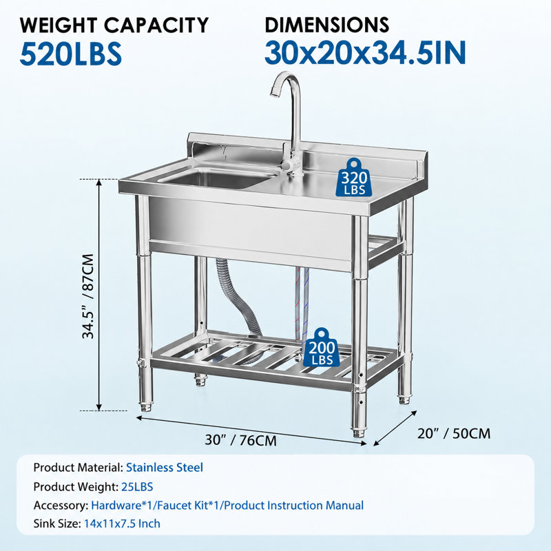 YODOLLA W Stainless Steel Kitchen Sink with 1 Faucet Hole, 76cm x 50cm x 87cm
