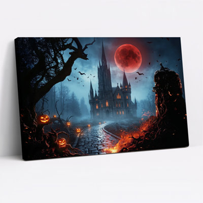 «Haunted Gothic Castle Under Blood Moon with Halloween», art mural sur toile
