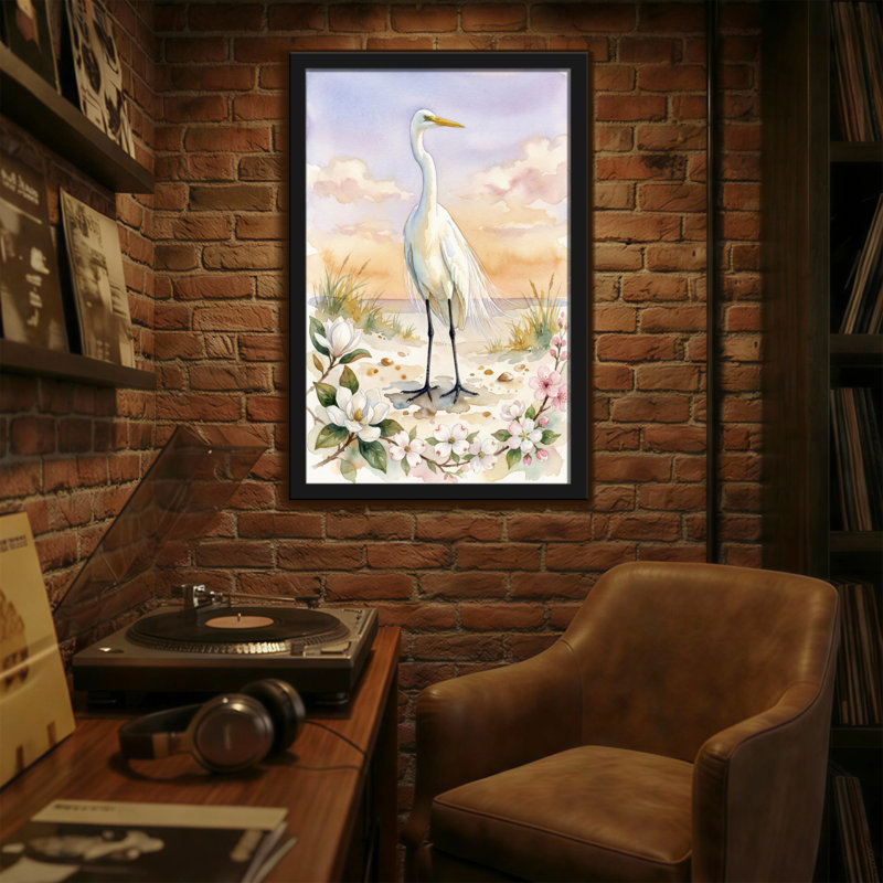 Animaux aigrette debout sur la plage avec des fleurs, H 24 po x l 16 po