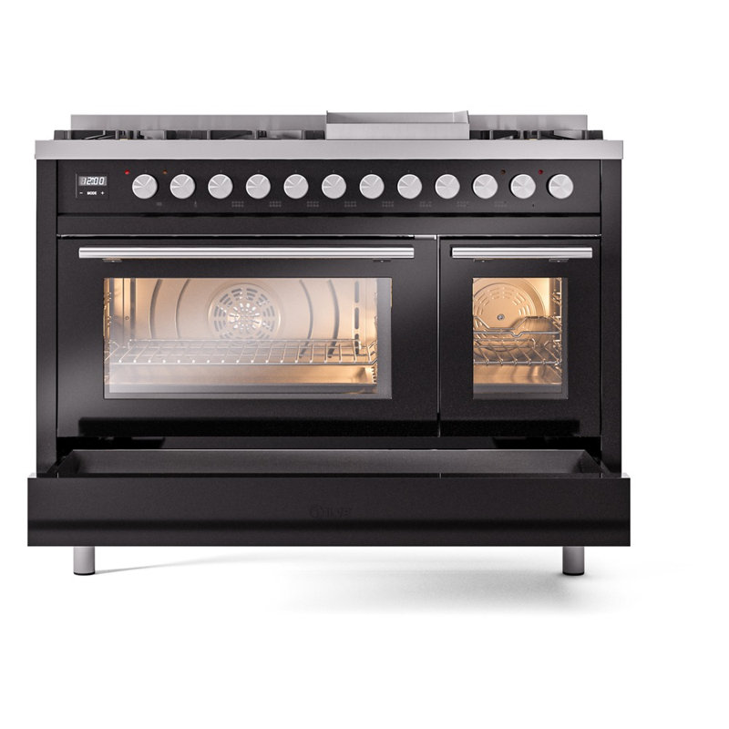 ILVE Professional Plus II 48 cuisinière à double combustible, 8 brûleurs scellés, plaque chauffante (noir brillant)