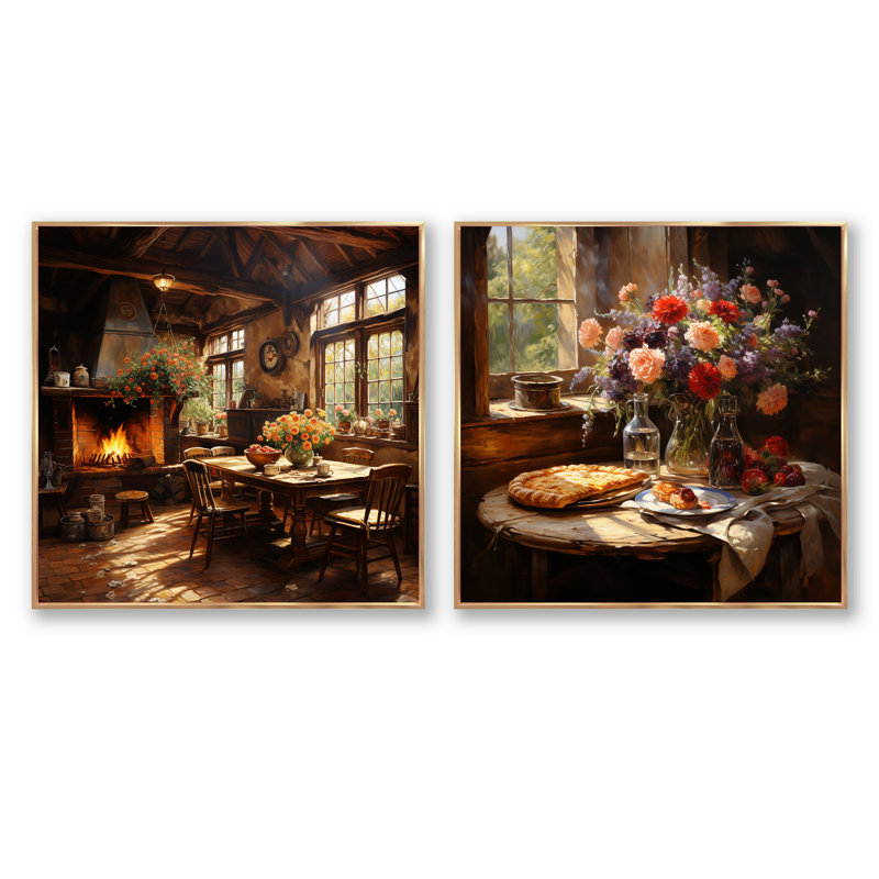 Rustic Elegant Flower Pizza Country Home - Ensemble de 2 collages carrés à pizza, Cadre flottant doré, H 30 po x l 61 po