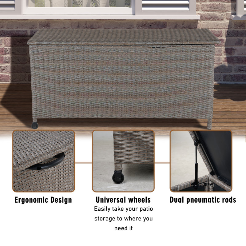 120-Gallon Brown Wicker Deck Box with Lockable Wheels
