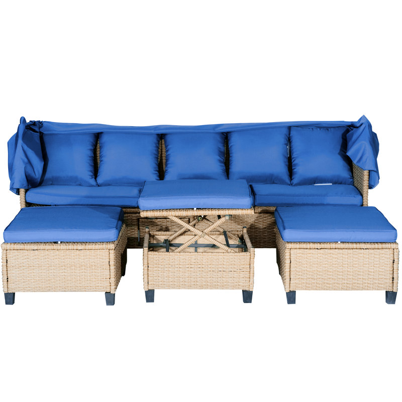 - Patio en résine résistant, bleu, design compact et 3 repose-pieds assortis pour la détente en plein air bleu avec auvent bloquant, solution de rangement, coussins rembourrés en mousse confortables