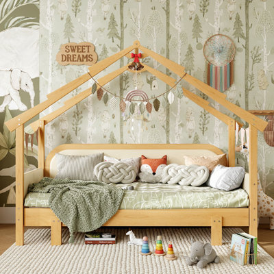 Twin Size Wooden Treehouse Bed with Soft Cushion Rails for Kids, Teens, Girls, and Boys in White