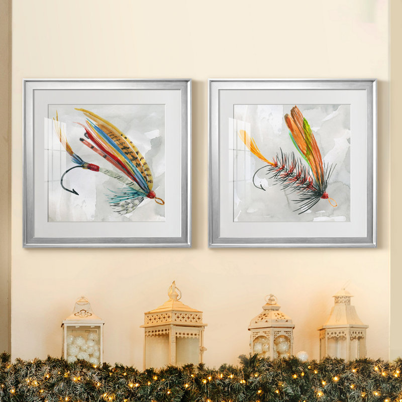 " Fly Hook I " 2 - Pieces, Silver Framed Paper, White, 22.5" H x 45" W x 1.5" D