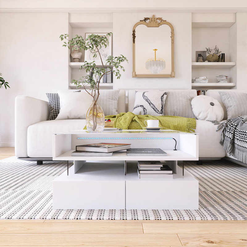 Table basse relevable avec 2 tiroirs, table basse carrée moderne avec plateau en verre, Blanc