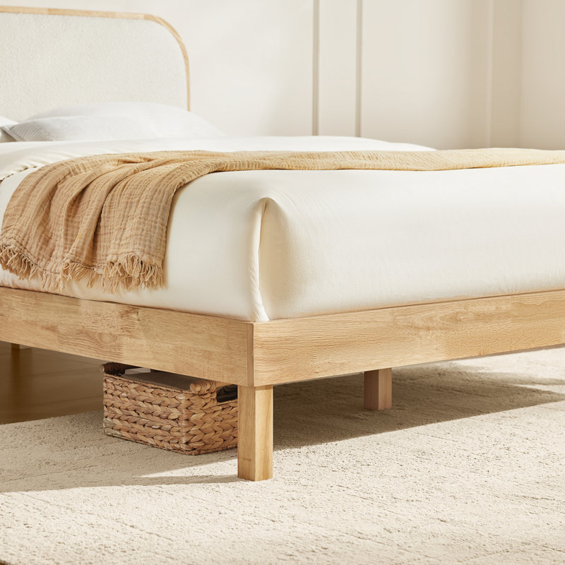 Mid-Century Solid Wood Boucle Upholstered Headboard Bed Frame, Natural, Queen