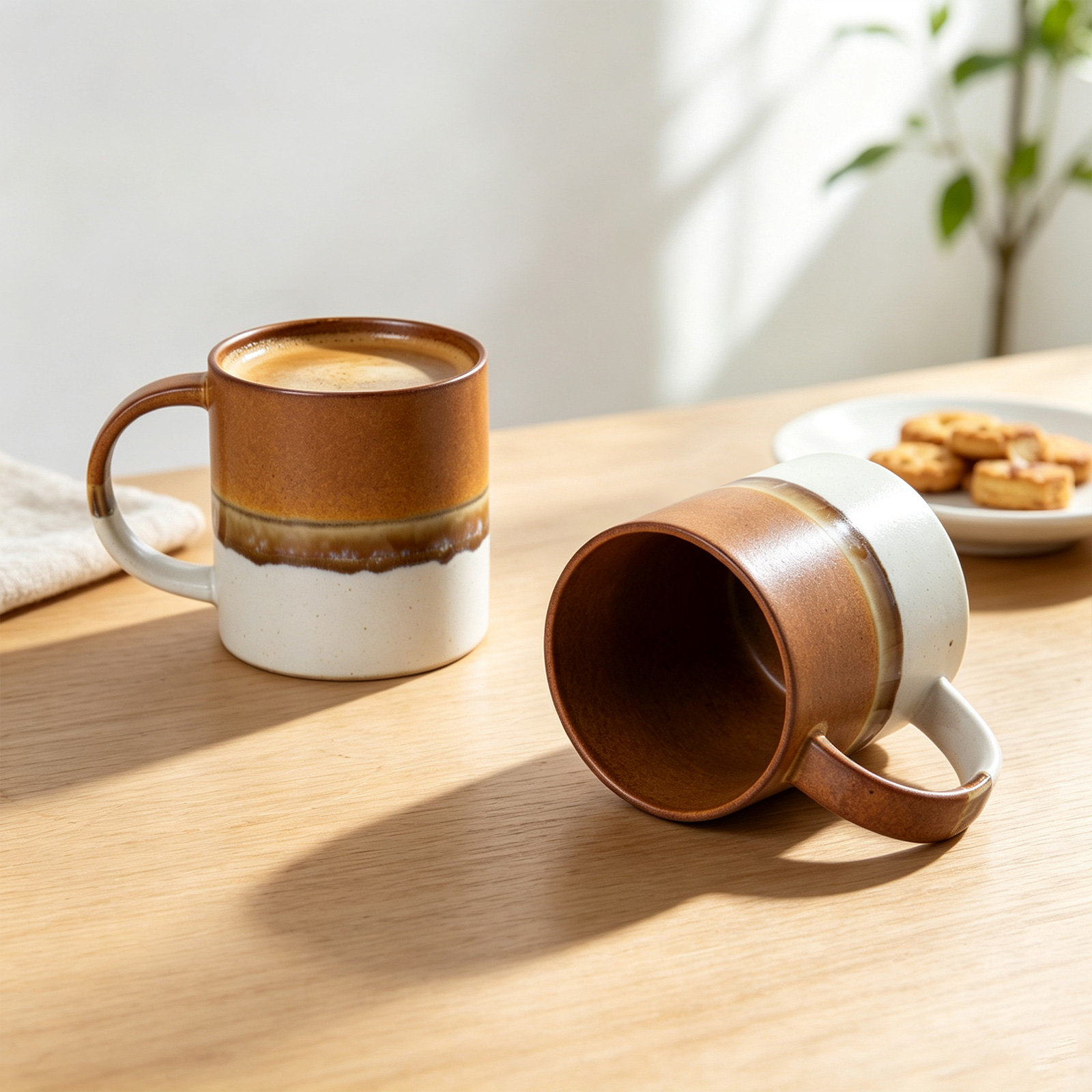  Stoneware Coffee Mugs, Brown
