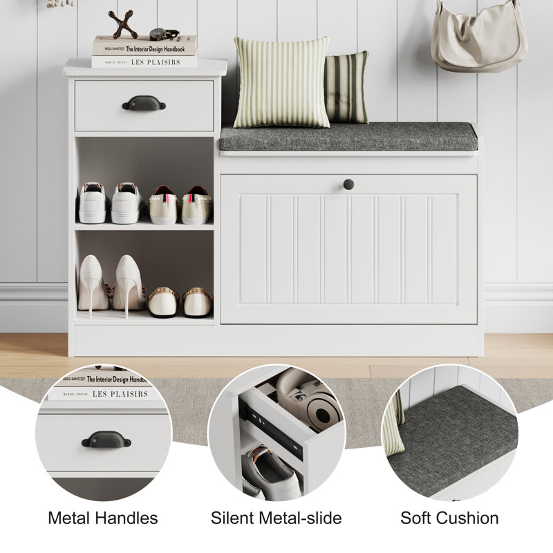  Shoe Storage Bench, Modern Wooden Shoe Cabinet With Flip Drawer And Adjustable Shelf,Off-White, Off White