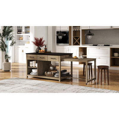 Îlot de cuisine avec tiroirs et tablettes, prises de courant de comptoir extensibles + rangement rétro naturel, ports pour espace de travail extensible