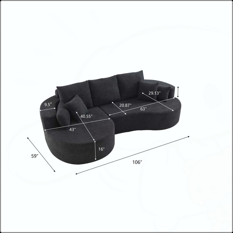 Canapé modulaire courbé 106 po avec méridienne, Bouclé noir