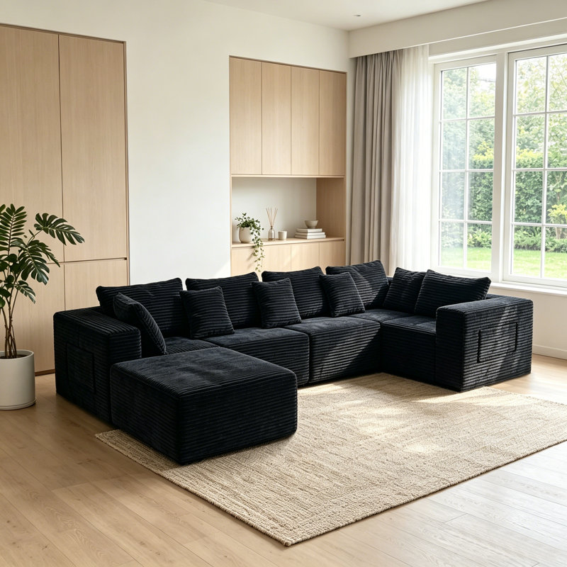 Canapé de coin sans ossature de 141 pouces avec pouf, velours côtelé noir