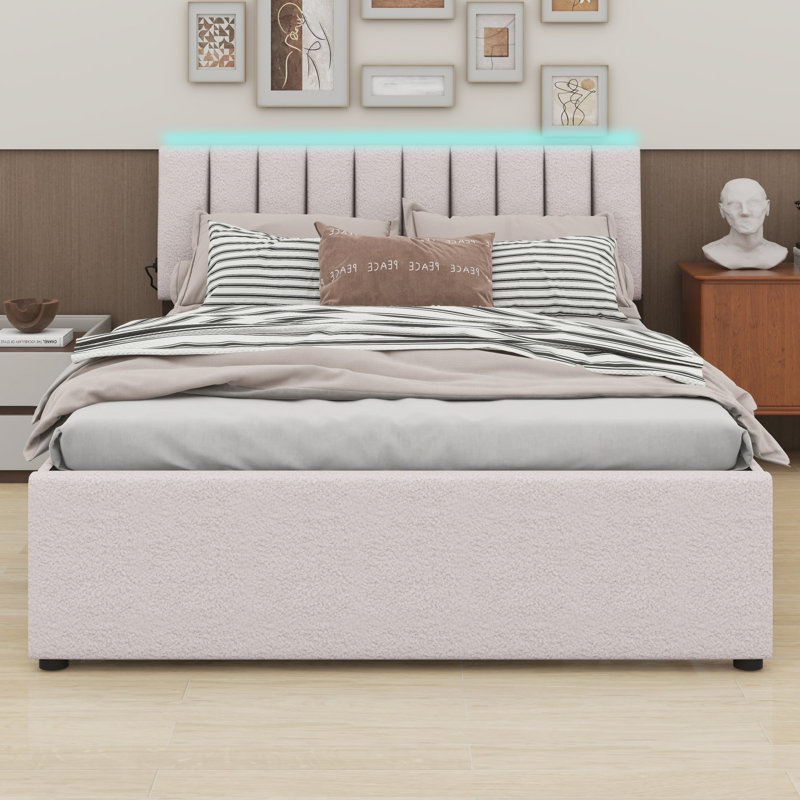 Lit plateforme tapissier avec lit gigogne, Grand lit, Beige