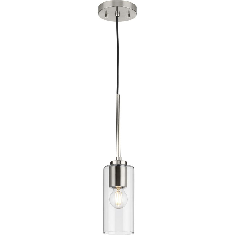Luminaire suspendu cylindrique à 1 lumière Cortny, Nickel brossé, Transparent