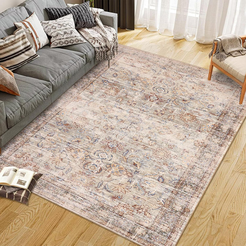 2x6 Runner Hallway Rug Machine Wash Non-Slip Enrteway Laundry Room Rug Throw Low-Plie Vintage Mat Distressed Carpet for Kitchen Bathroom Red Borwn